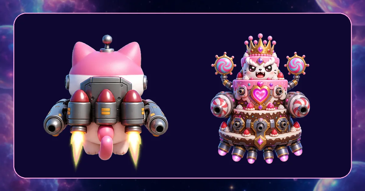 Meomallow robot cat facing a candy boss